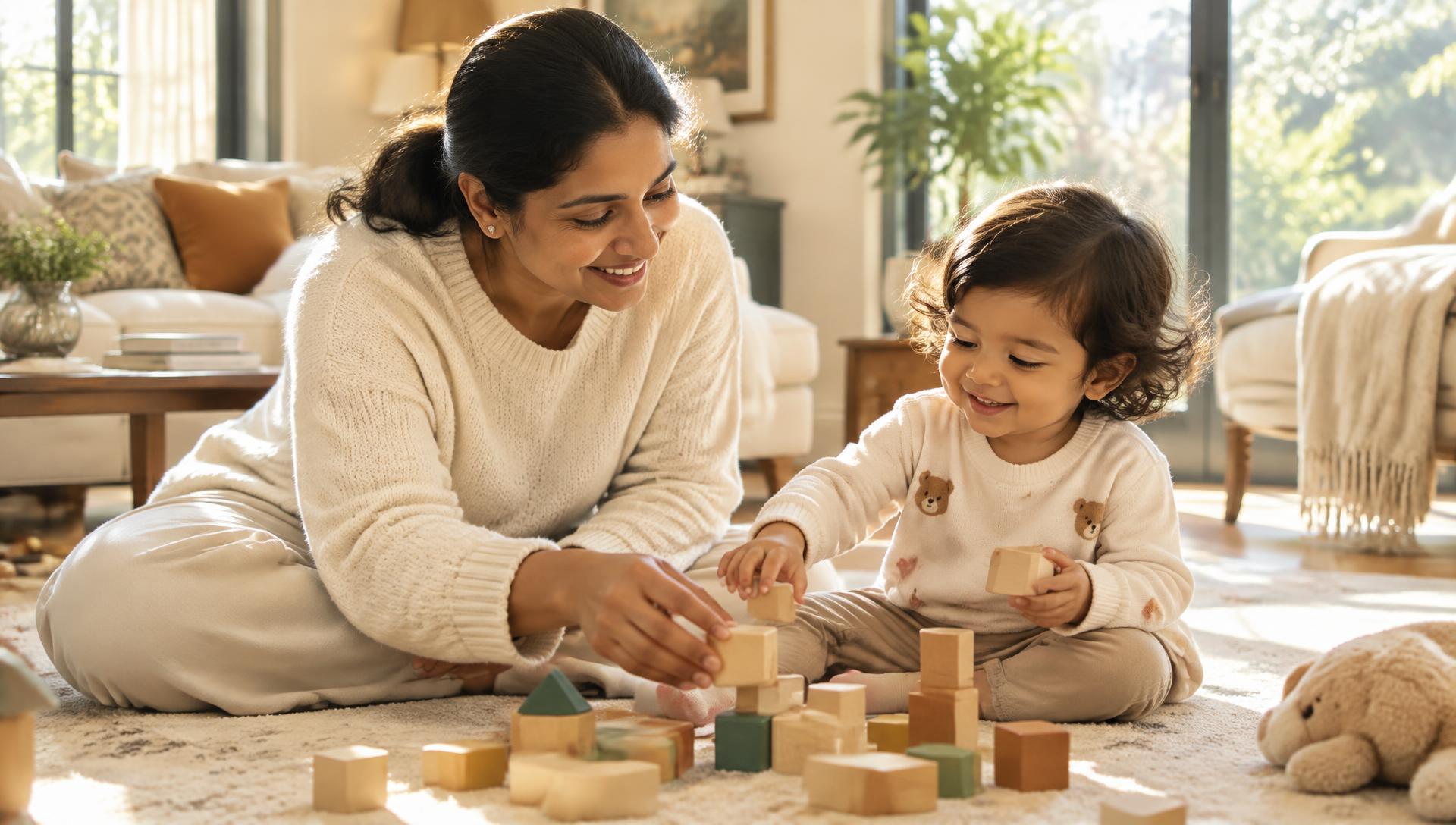 A nanny sitting on the floor playing with a young child in a sunlit living room