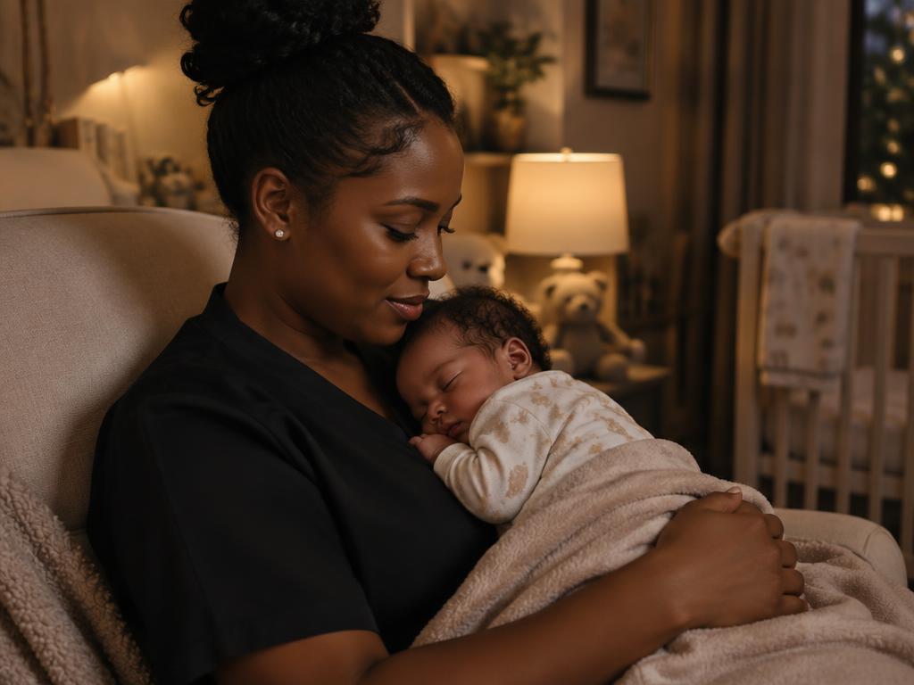 An overnight nanny holding a sleeping newborn in a softly lit nursery